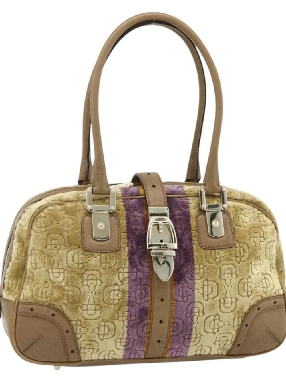 GUCCI Horsebit Boston Bag Velor Gold Beige 145770 Auth 176490V
